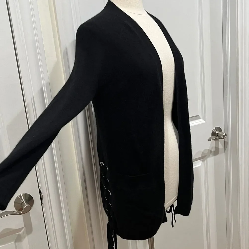 Aqua Cashmere Sweater Cardigan w/‎ Pockets Women's Size XS Black Side lace up - Picture 2 of 16